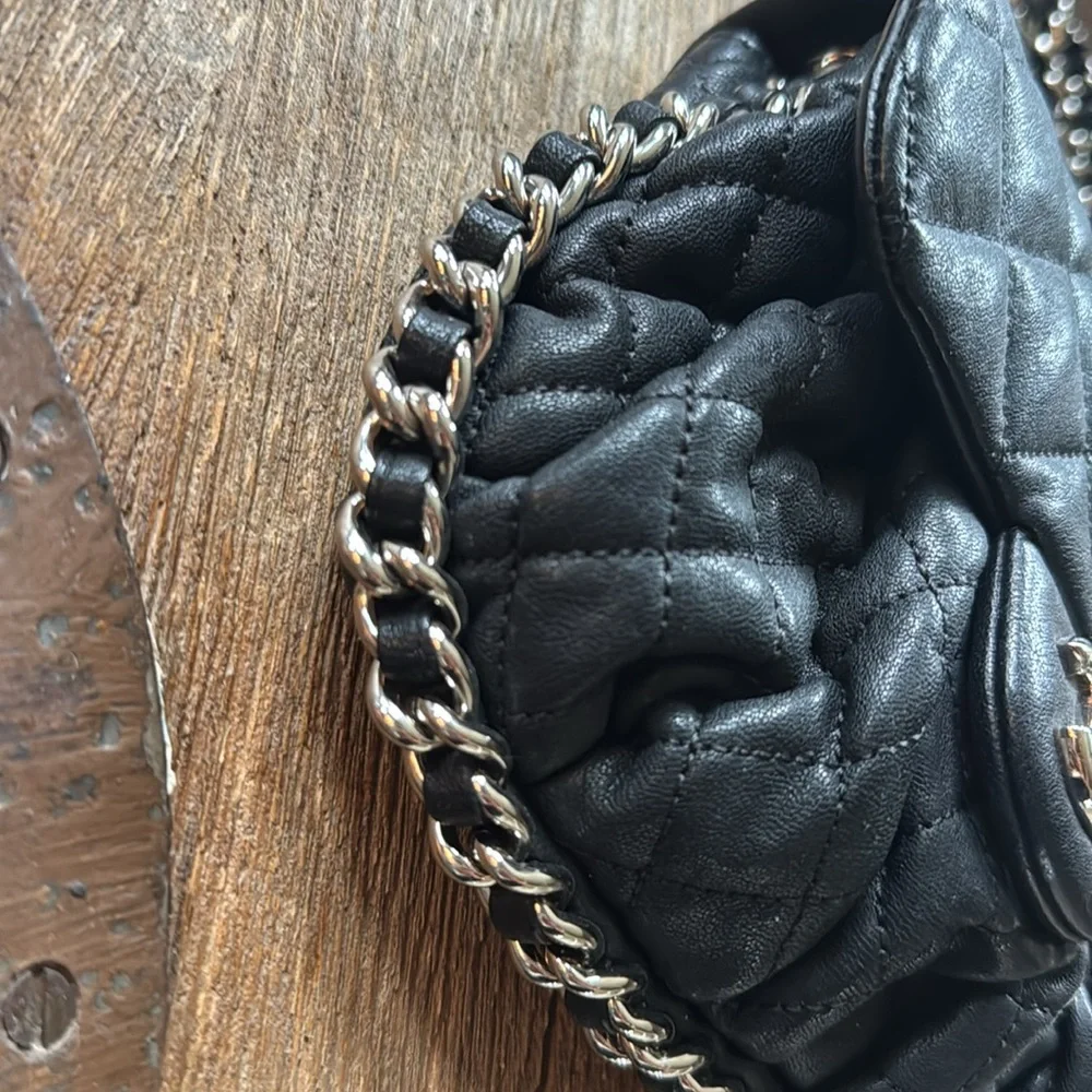 Chanel black leather chain around crossbody bag chunky silver hardware 8x6